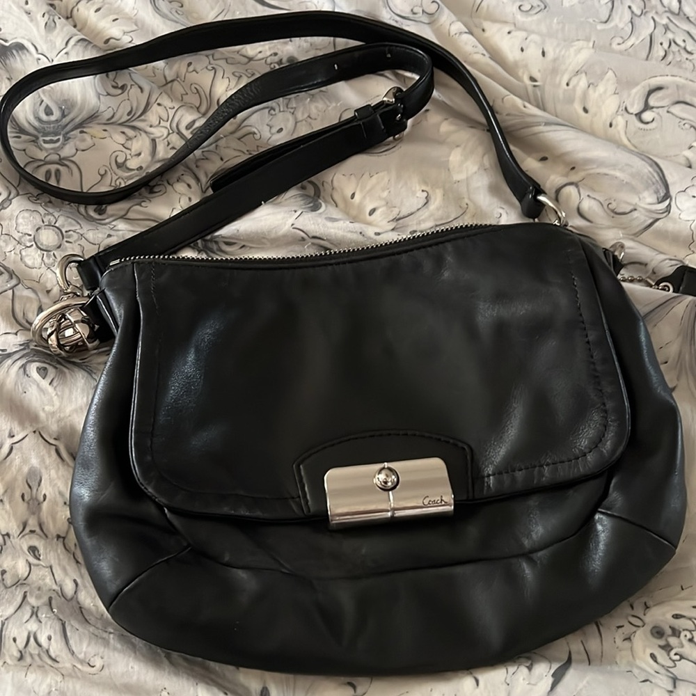 Coach black leather messenger crossbody bag shoulder silver hardware flap - Picture 2 of 16